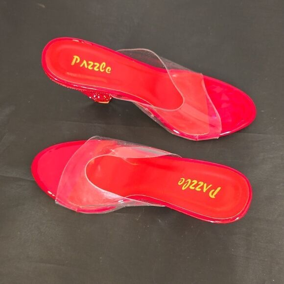 BRAND NEW PAZZLE RHINESTONE HEEL EMBROIDERED CLEAR OPEN-TOE STRAP SANDAL - Picture 4 of 13